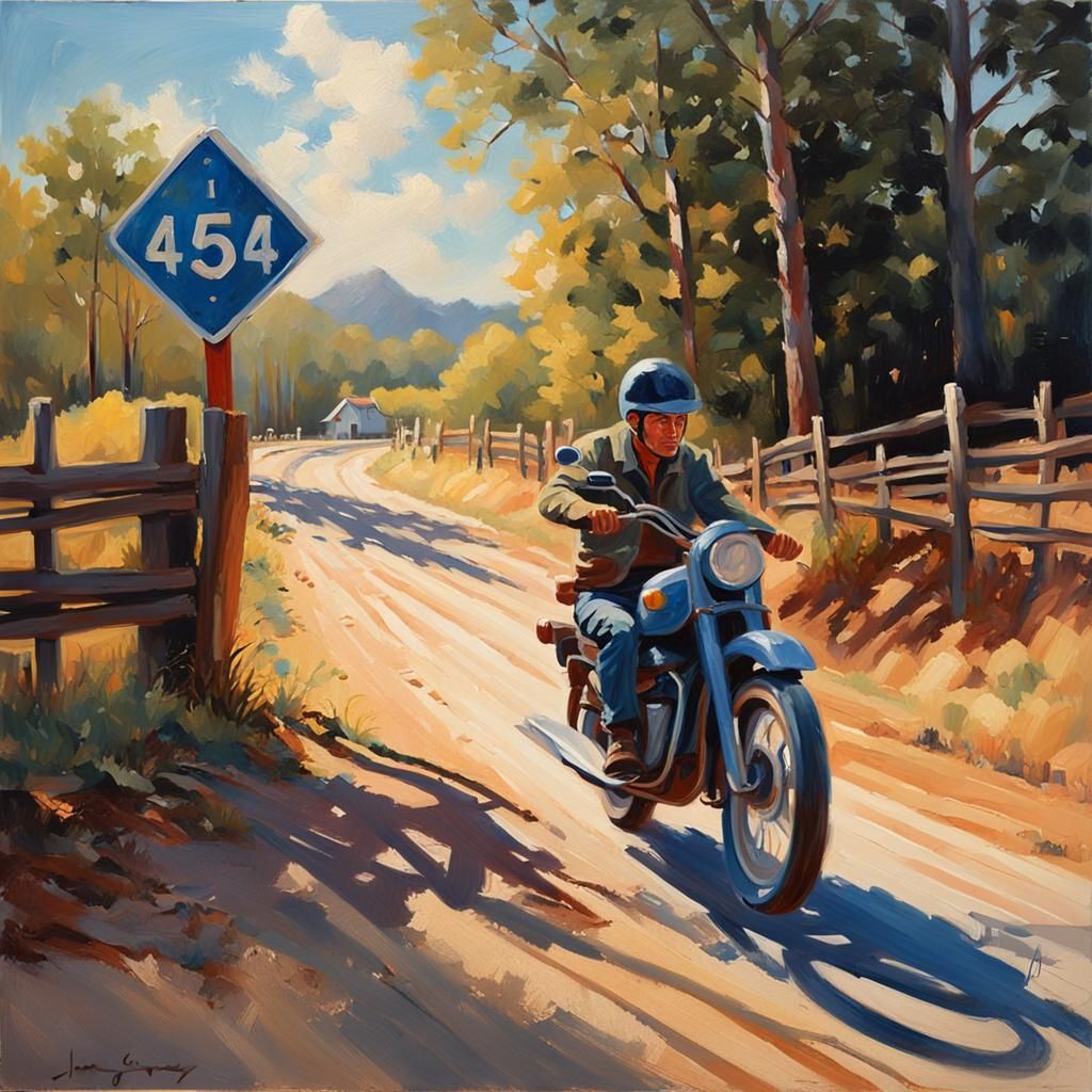 Motorbike Rider on Dirt Road: Impressionist Oil Painting