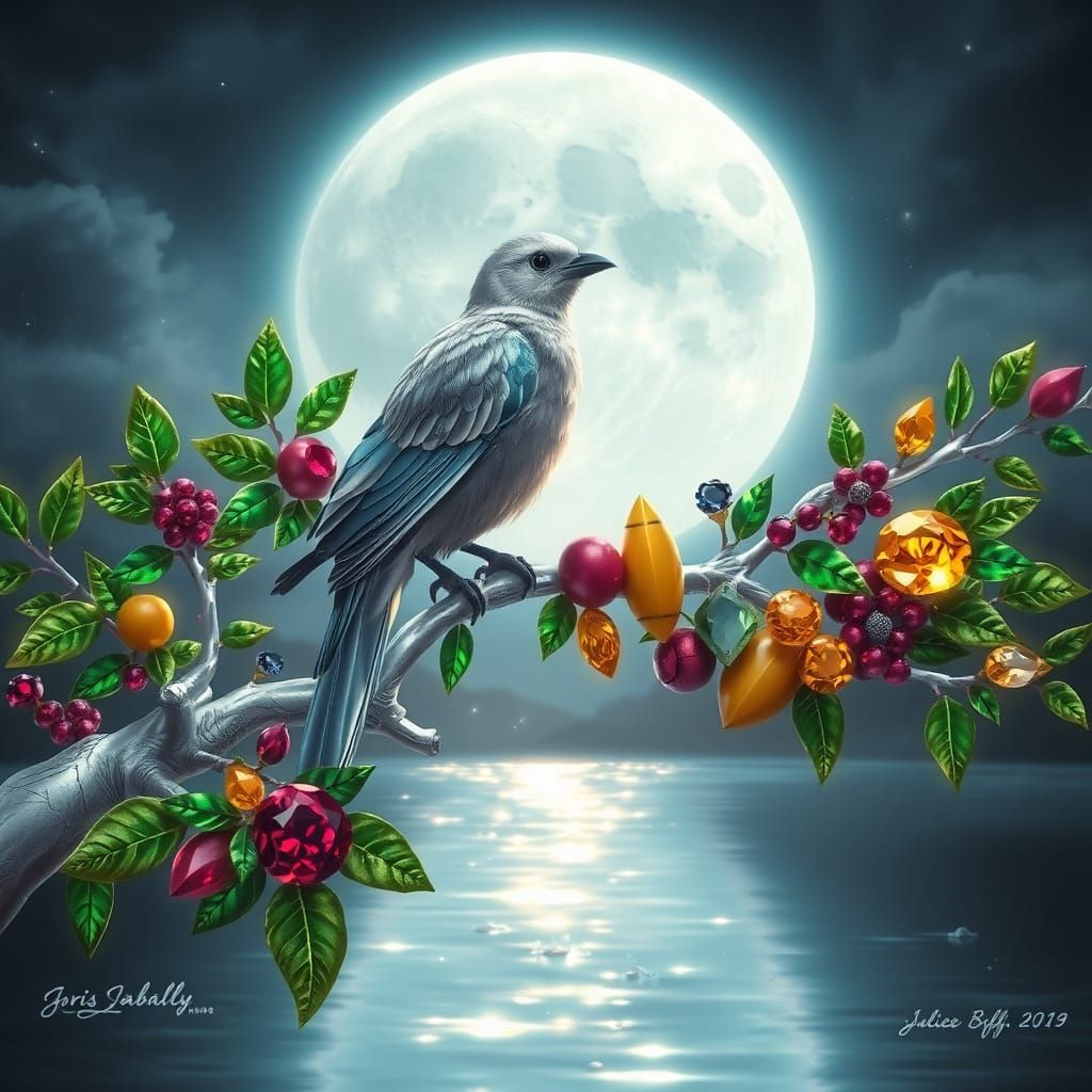 Metallic Silver Bird on Jeweled Branch Under Moonlit Sky