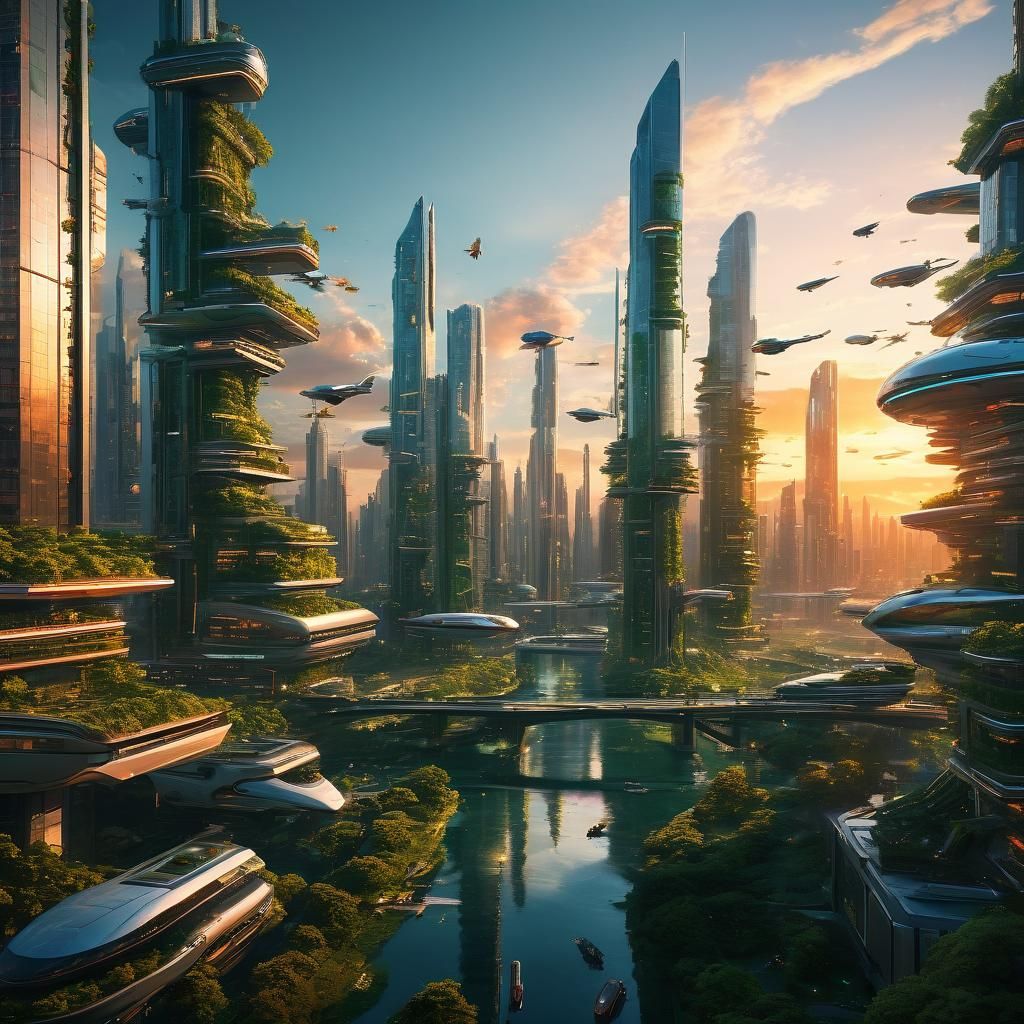 Hyper-Realistic Futuristic Cityscape at Sunset