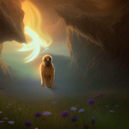 Golden Doodle with Daisy Halo: Fantasy Concept Art