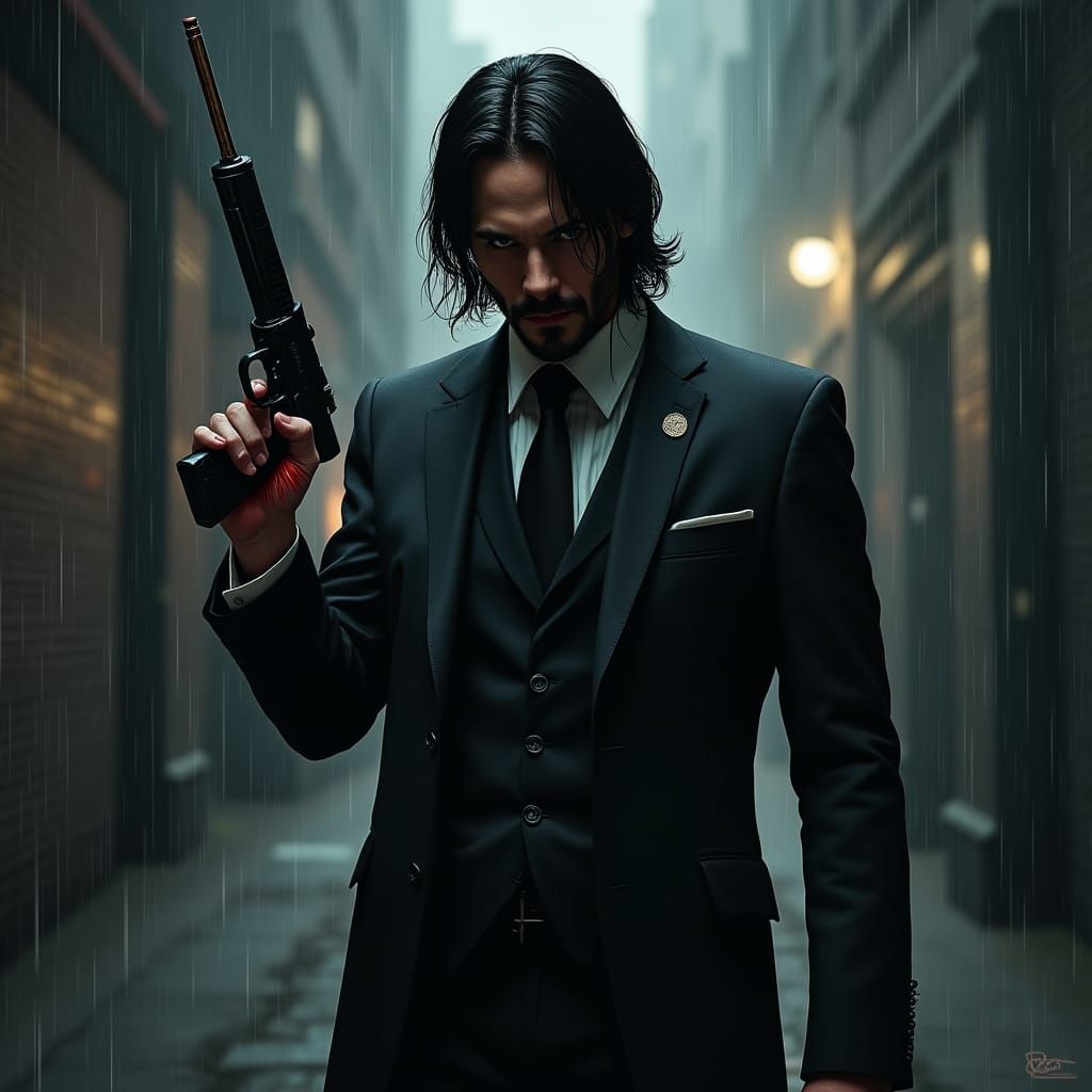 John Wick with Pencil, Noir Art Style