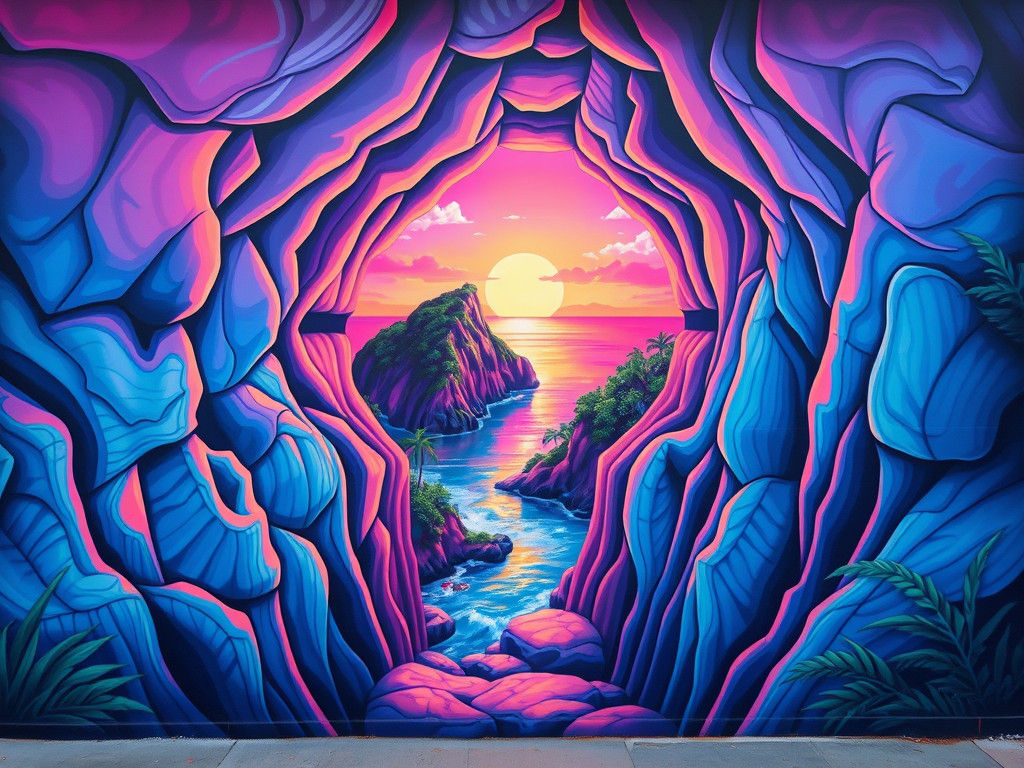 Vibrant Neon Tunnel to Tropical Oasis