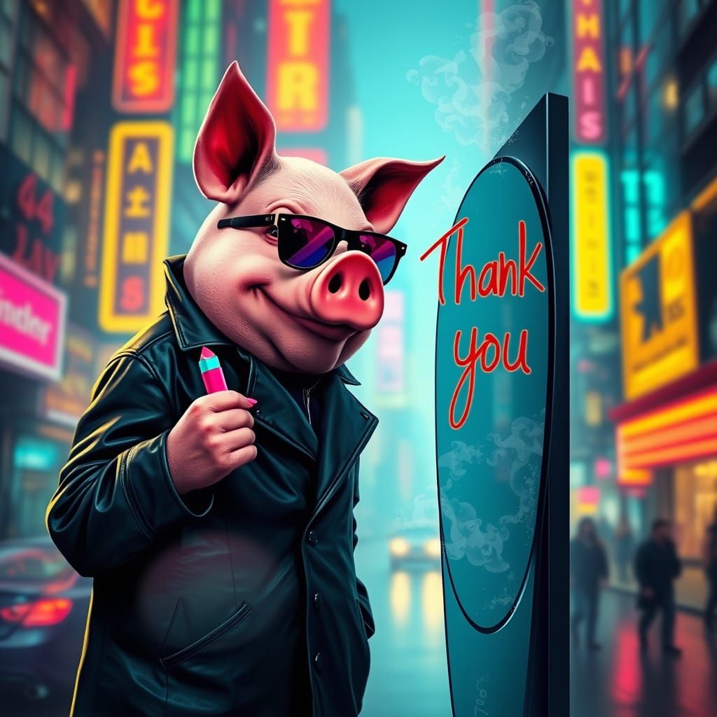 Cyberpunk Pig-Man Expresses Gratitude in Neon City