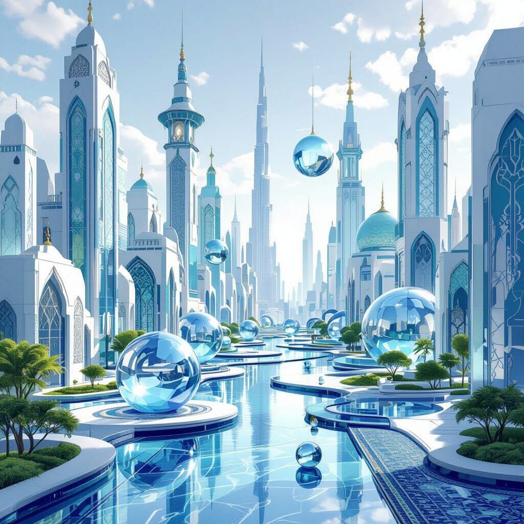 Frutiger Aero Cityscape with Arabic Rug Motifs