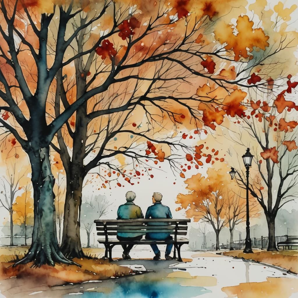 Autumn Couple on Park Bench in Watercolor Style