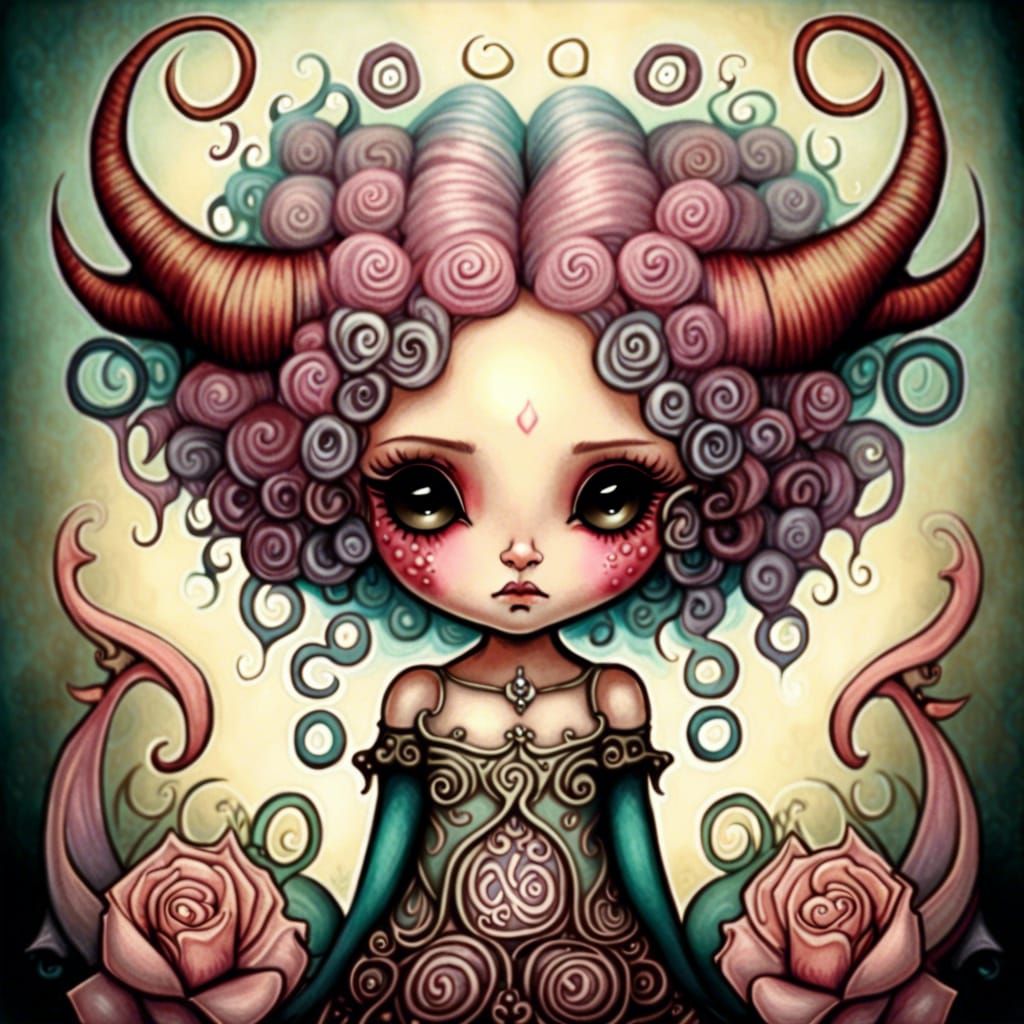 Whimsical Demonic Girl with Rose Hair
