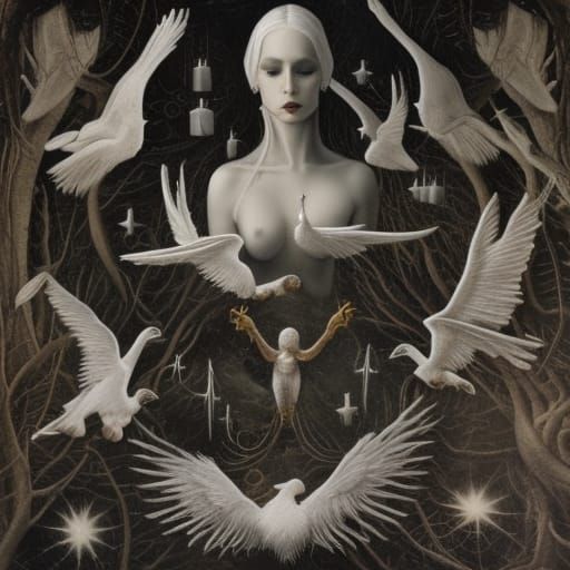 Monochromatic Alchemical Bird in Dark Academia Style