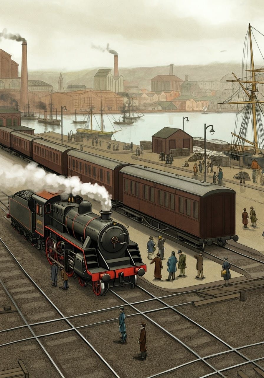 Vintage-Style Harbor Scene with Steam Locomotive