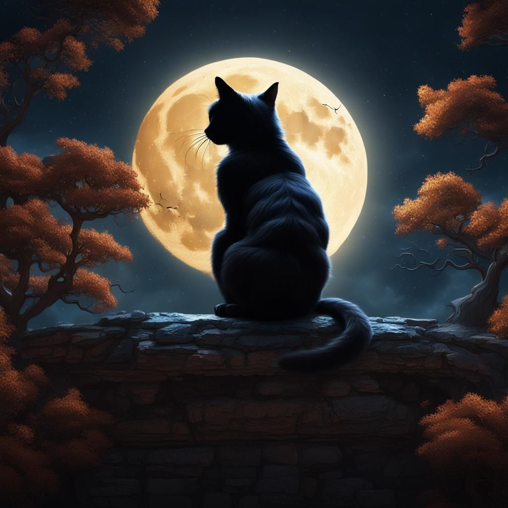 Cat Silhouette at Full Moon: Fantasy Concept Art
