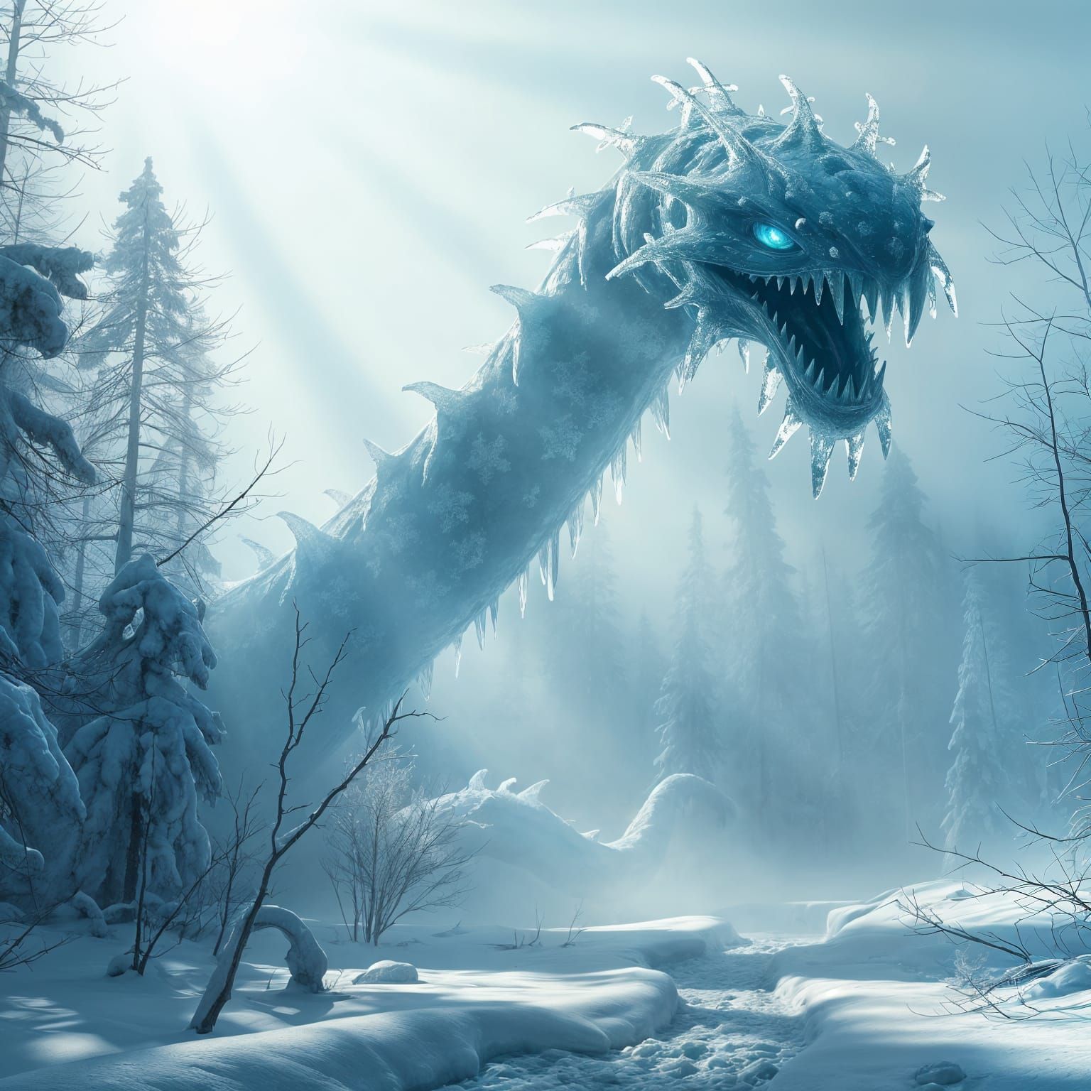 Giant Ice Hydra in Winter Forest Fantasy