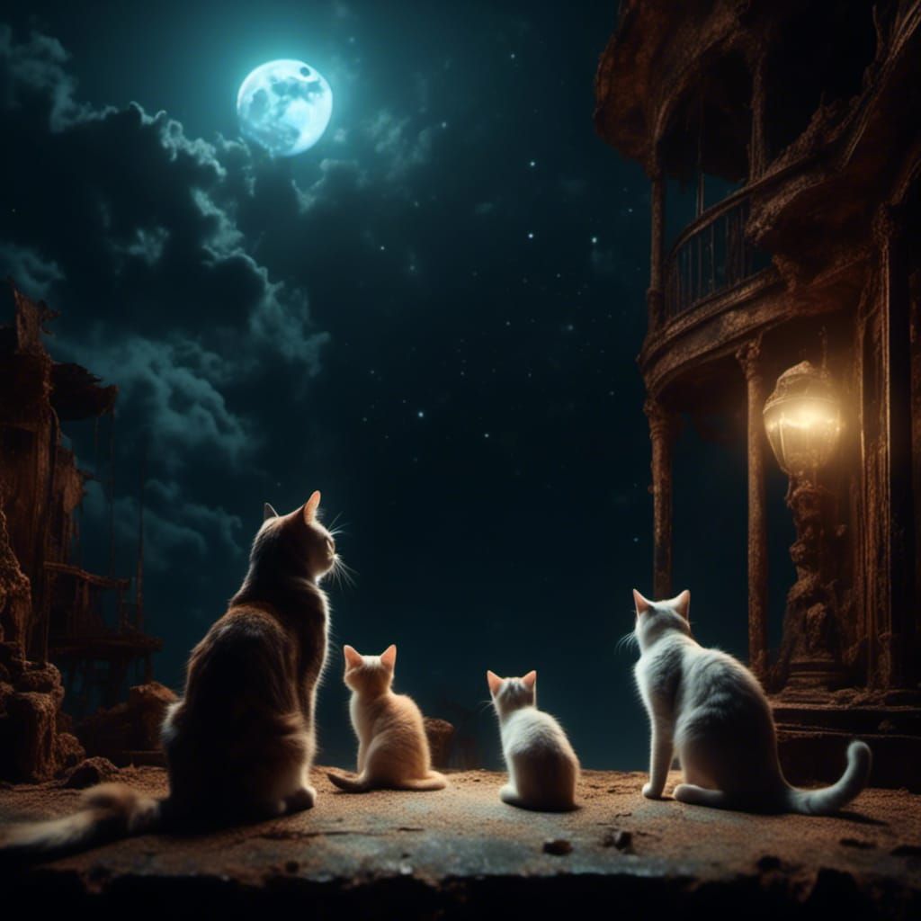 Cats Contemplate Moon: Dramatic Digital Painting