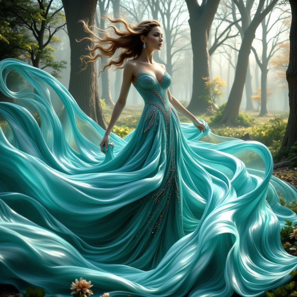 Woman in Flowing Aquamarine Silk Gown