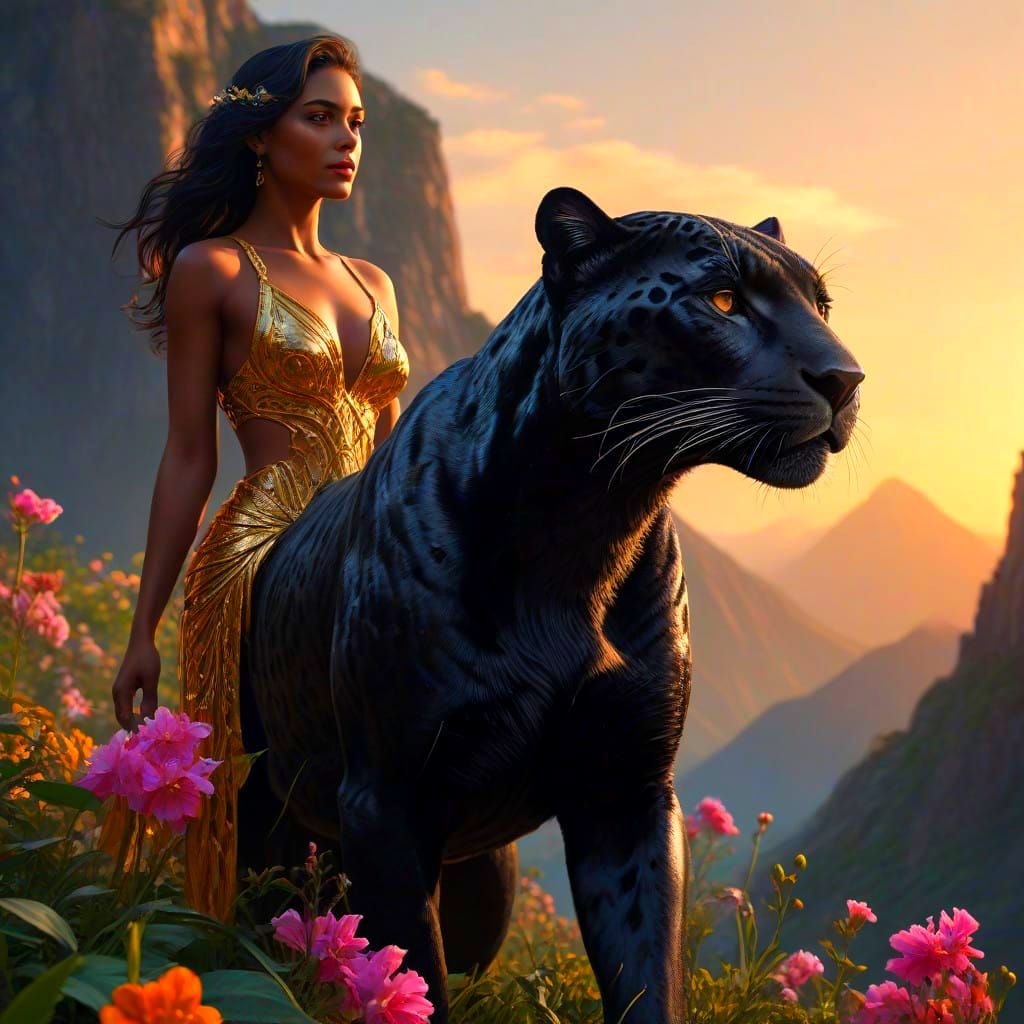 Sleek Jaguar Goddess Surprised by Sunset Glow