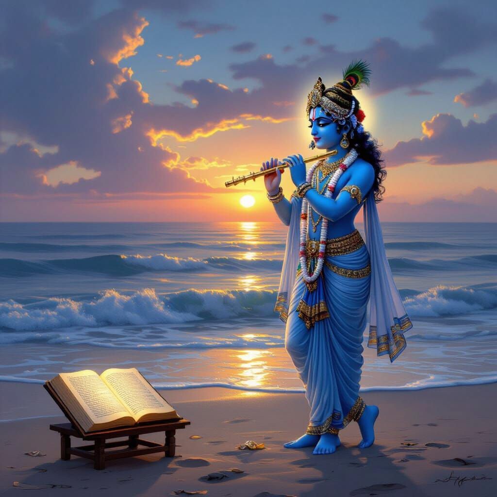 Lord Krishna on Serene Seashore at Dawn