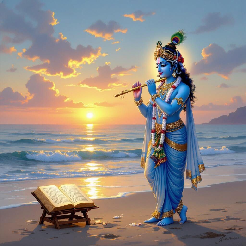 Lord Krishna at Sunrise on Serene Seashore