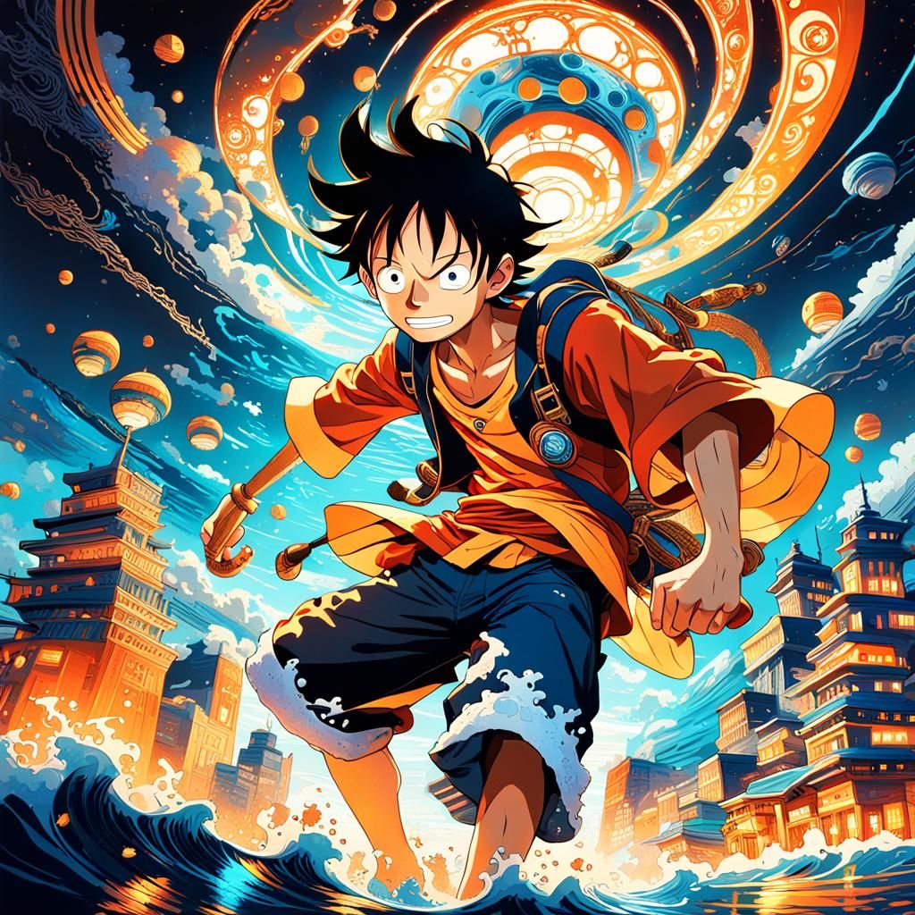 Luffy in Dreamlike Cityscape, Fantasy Concept Art