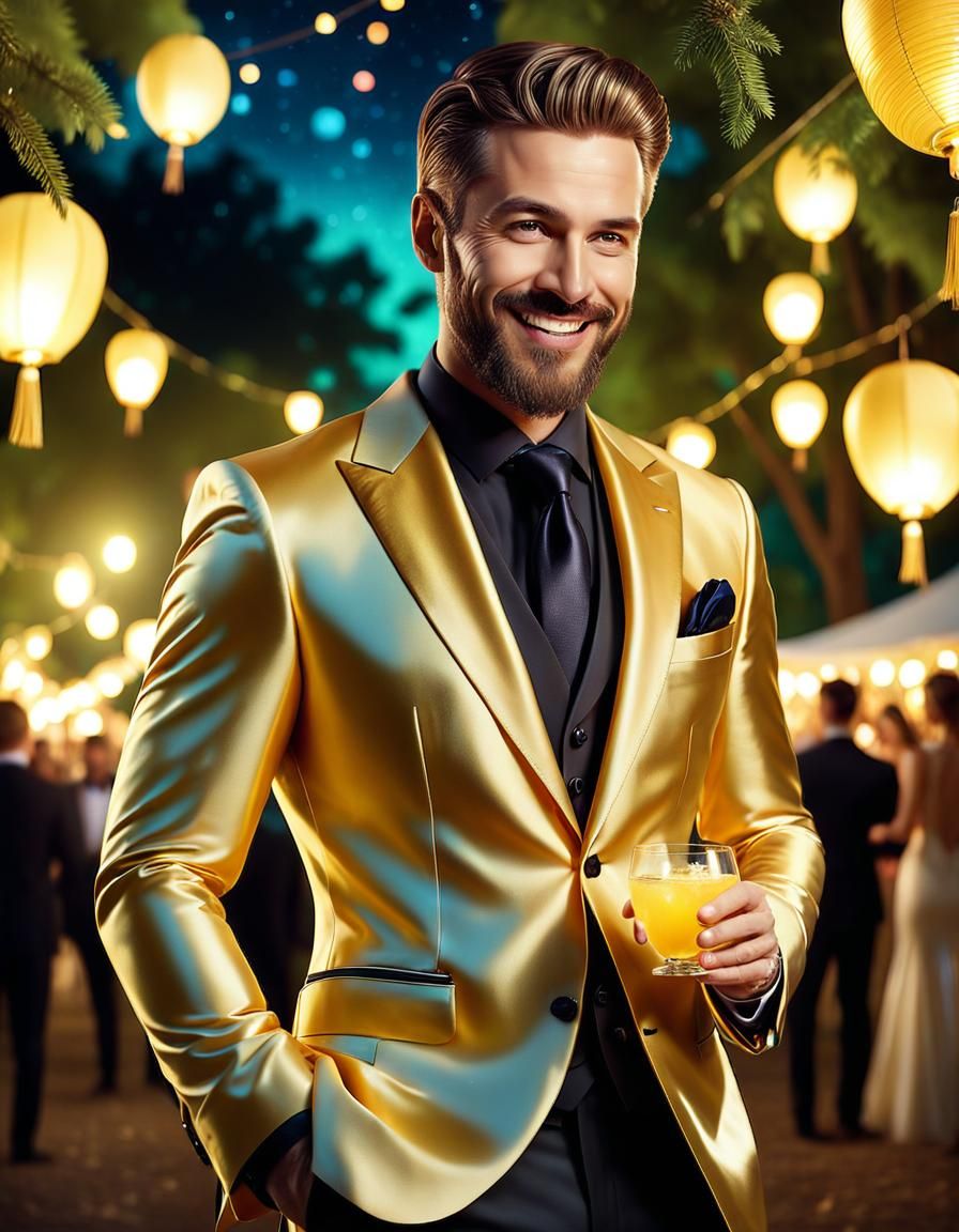 Handsomer Man in Golden Attire Celebrates Under Starry Night...