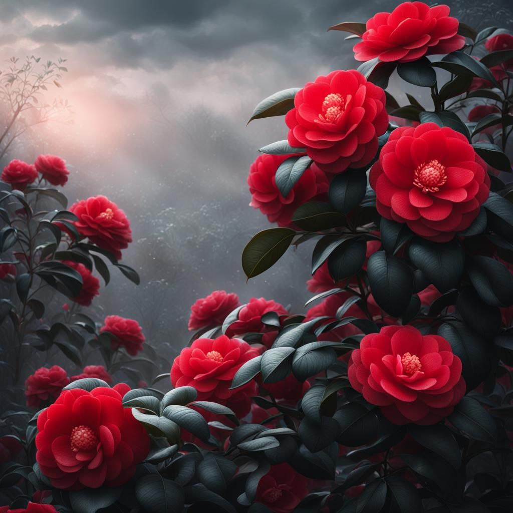 Red Camellias in Misty Morning: Digital Matte Painting