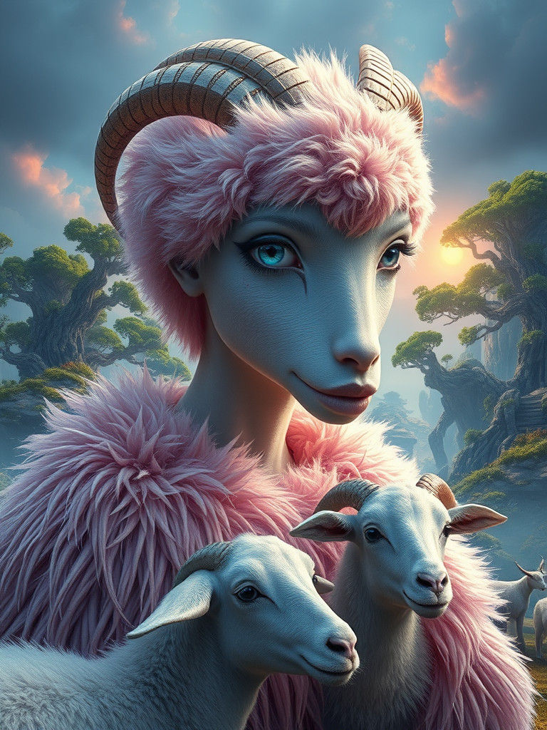 Pastel Cyclops Grazing Goats on Mythical Island