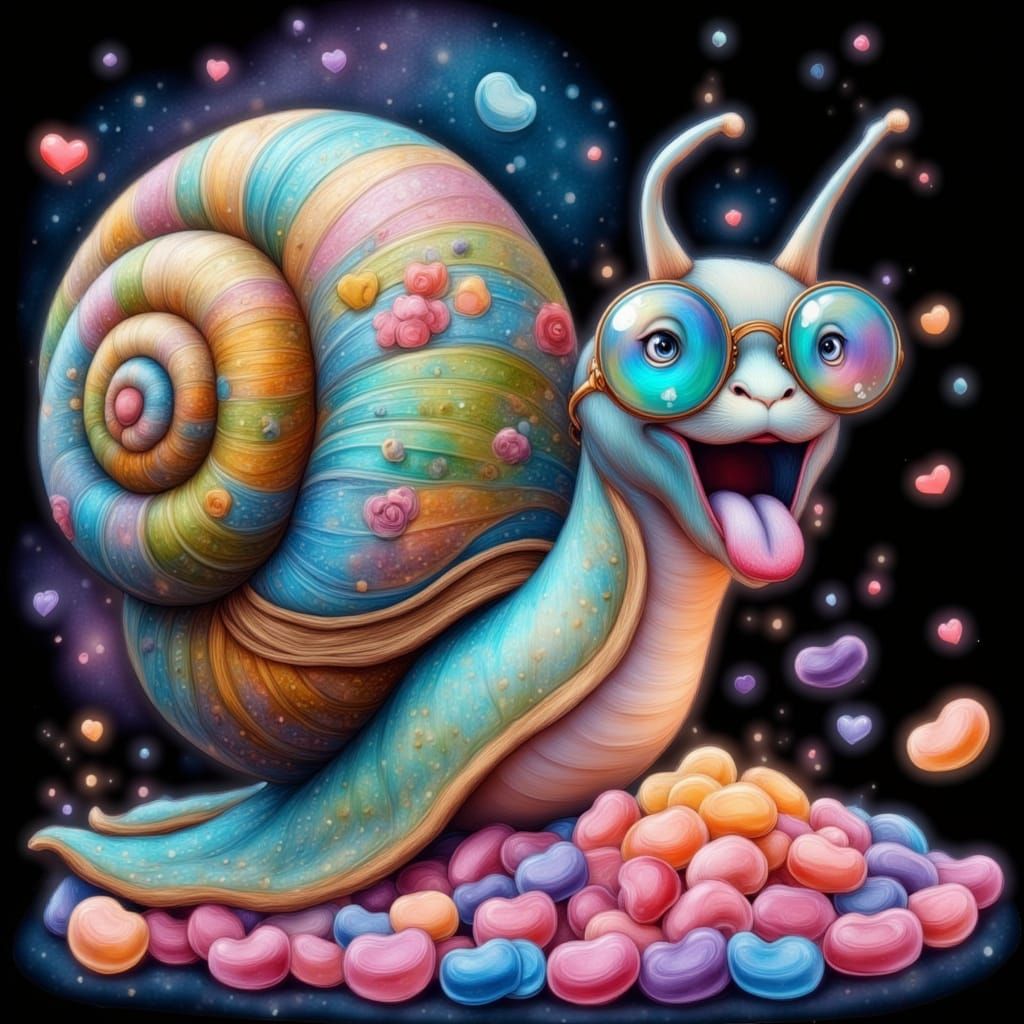 Surprised Snail Pokes Jellybeans in Whimsical Style