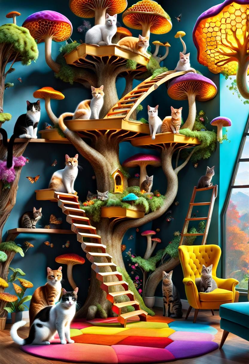 Bioluminescent Cat Tree Supercity in Maximalist Style