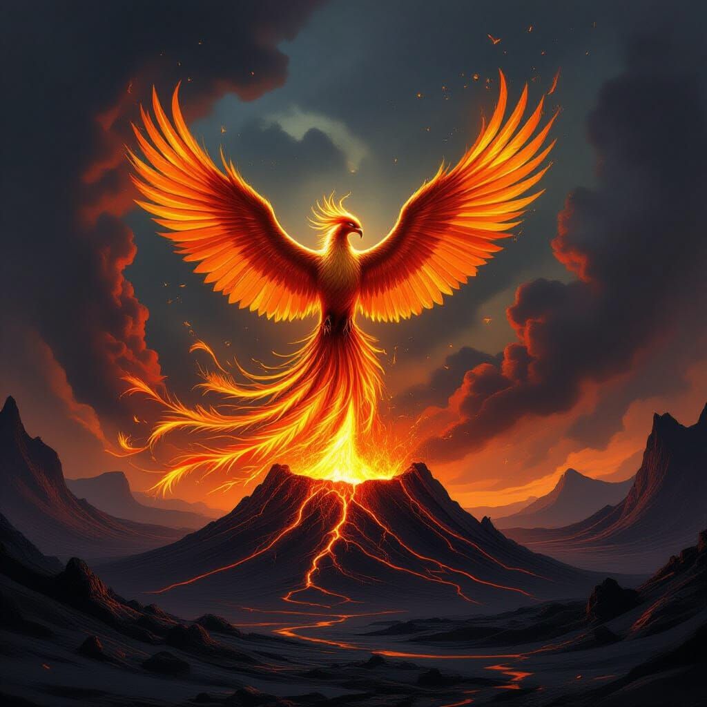 Majestic Phoenix Rises From Volcanic Crater in Fantasy Art S...