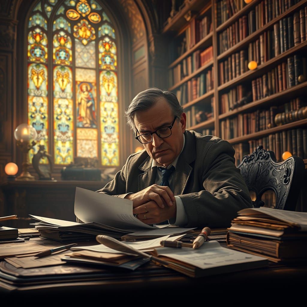 Mystical Lawyer Amidst Ancient Tomes in Ethereal Light