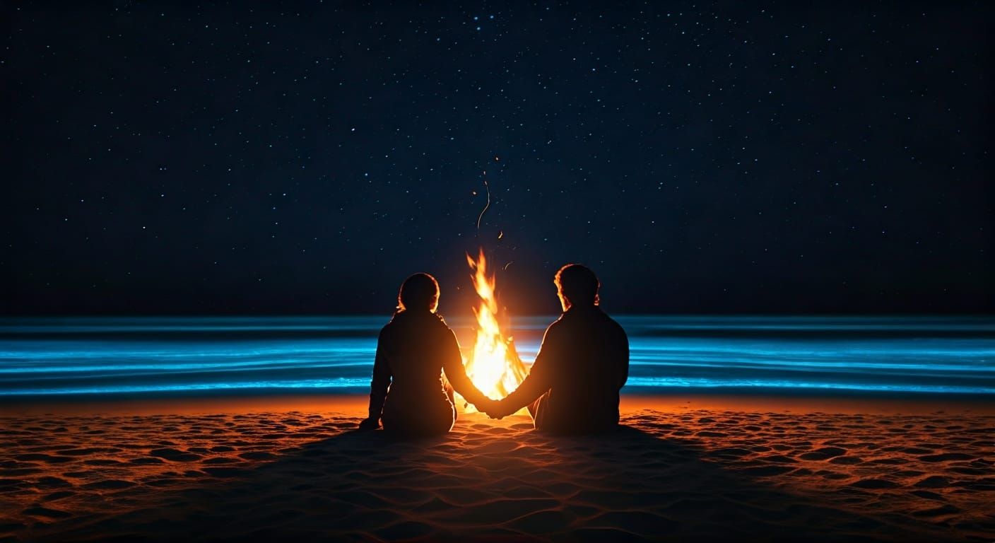 Silhouetted Couple Under Starry Bioluminescent Sky