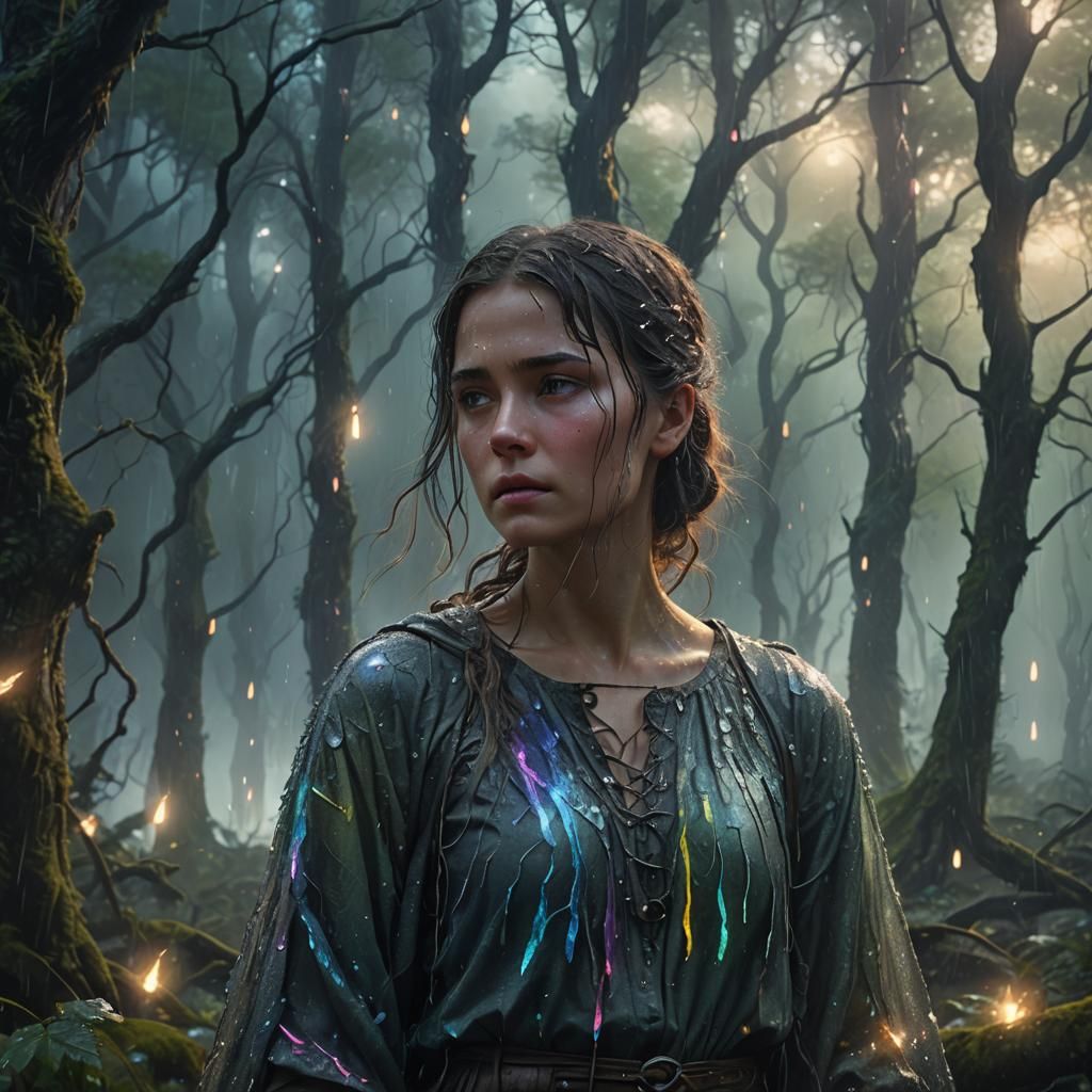 Iridescent Tears Fall in Mystical Forest