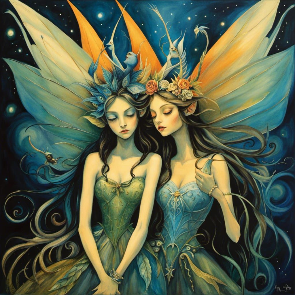 Fairy Protectors in Shadow: A Burton-esque Scene