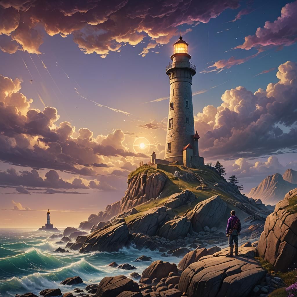 Lighthouse Guides Stranded Sailor: Fantasy Matte Painting