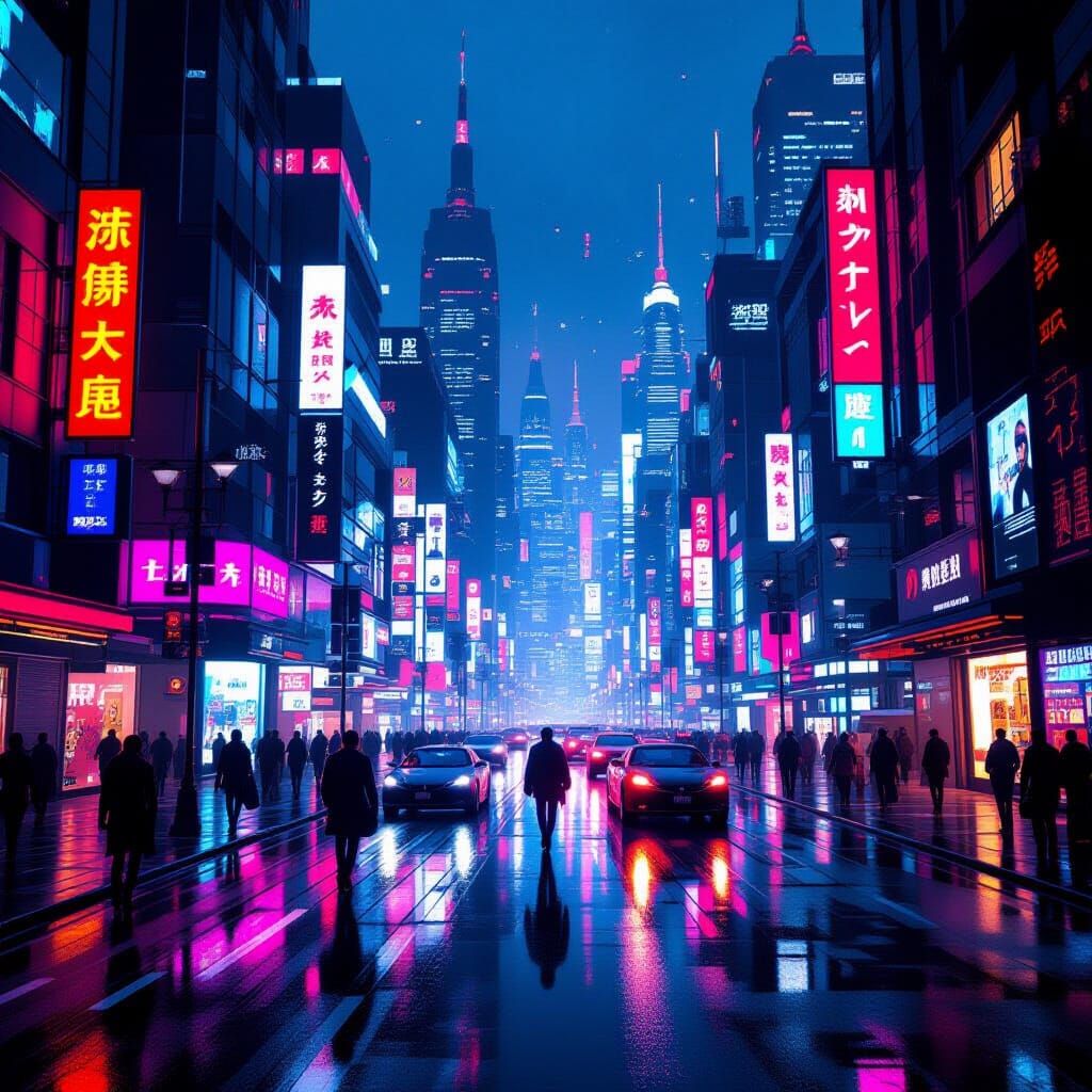 Vibrant Cityscape at Dusk in Cyberpunk Style