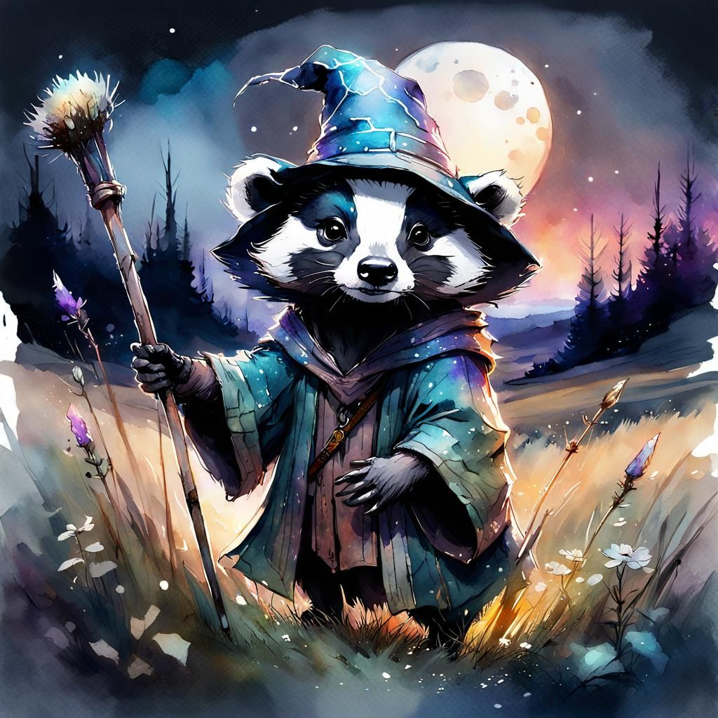 Cute Badger Wizard in Meadow: Digital Watercolor