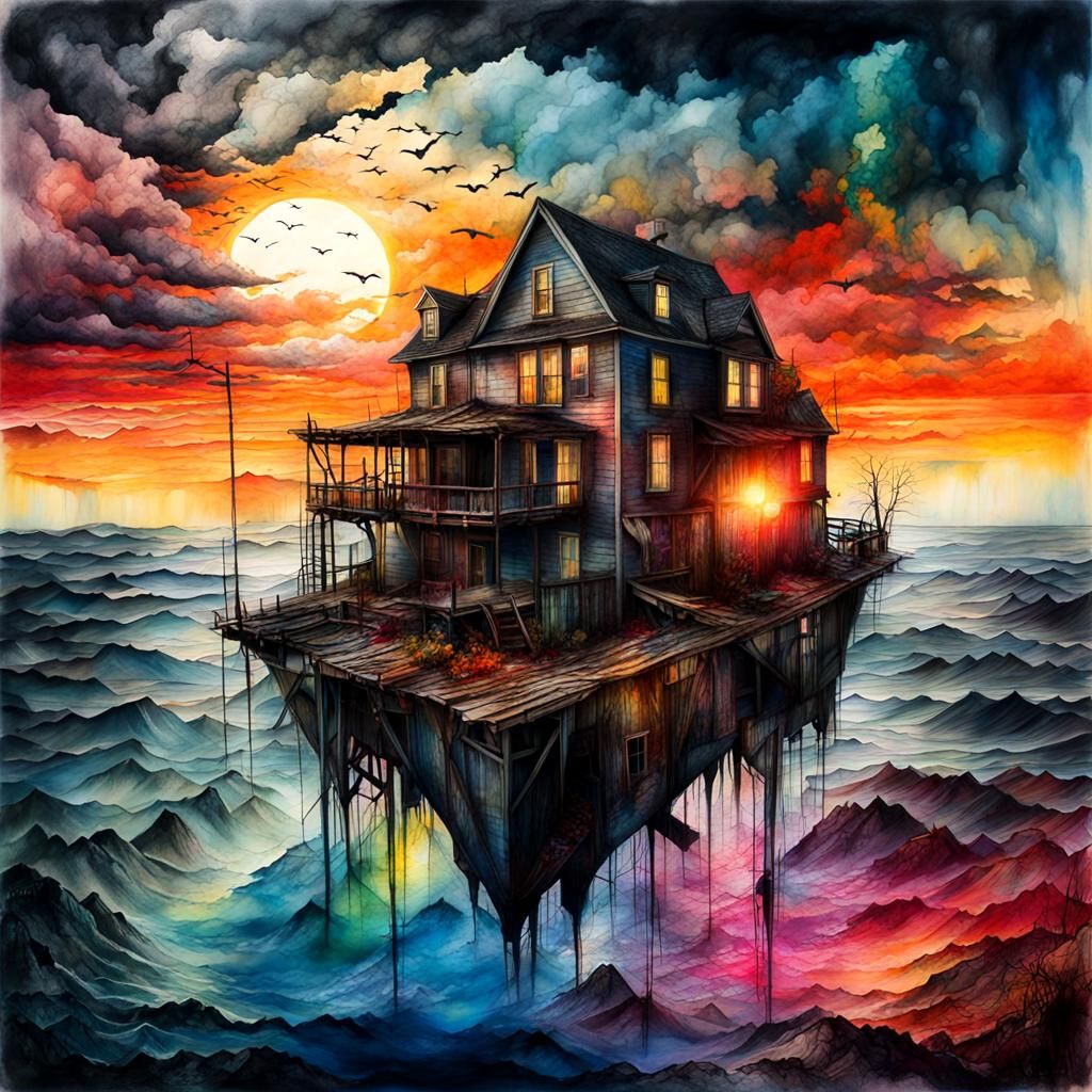 Submerged Dawn: A Mixed Media Collage in Watercolor Style