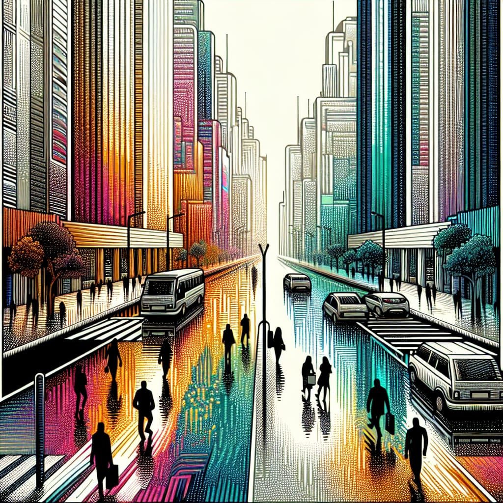 Futuristic Cityscape in Polychromatic Op-Art Style
