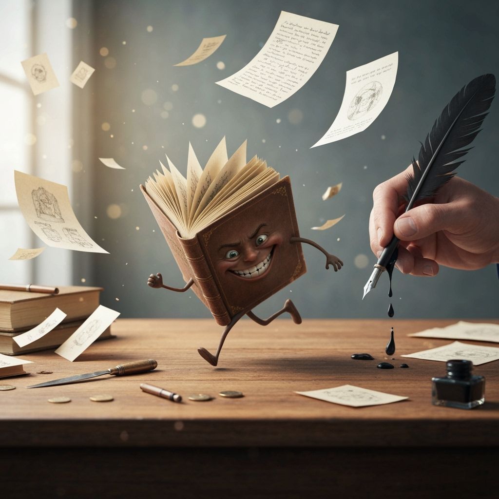 Mischievous Book Escapes Ink-Dripping Quill in Surreal Photo