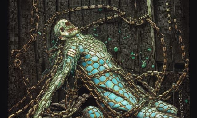 Cyberpunk Undead Lunatic in Chains, Gouache Illustration