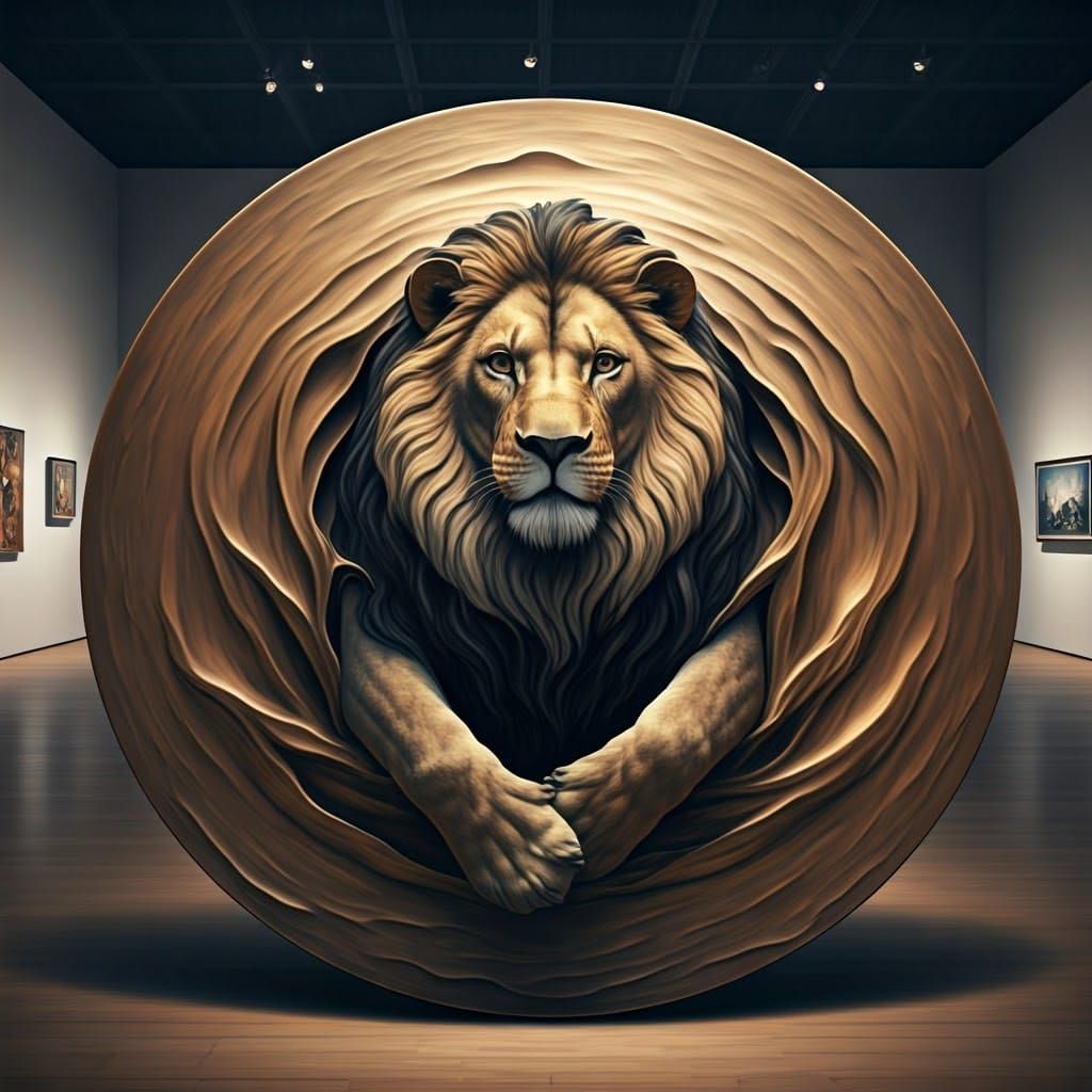 Lion Emerges from Bronze Plate in Art Gallery