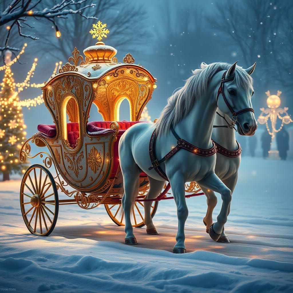 Majestic Cinderella Carriage Adorned with Golden Lights in W...