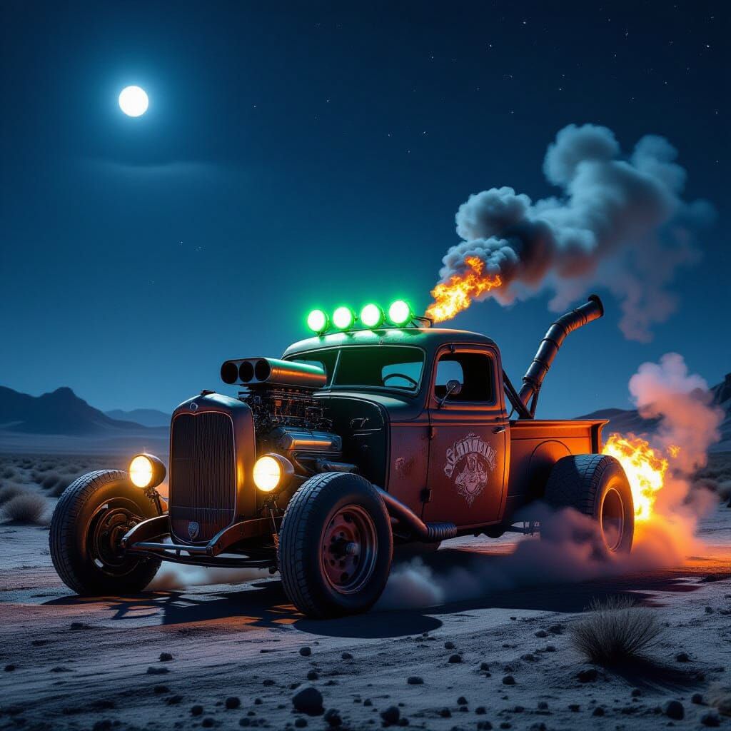Rusted Hot-Rod in Absurd Desert Night