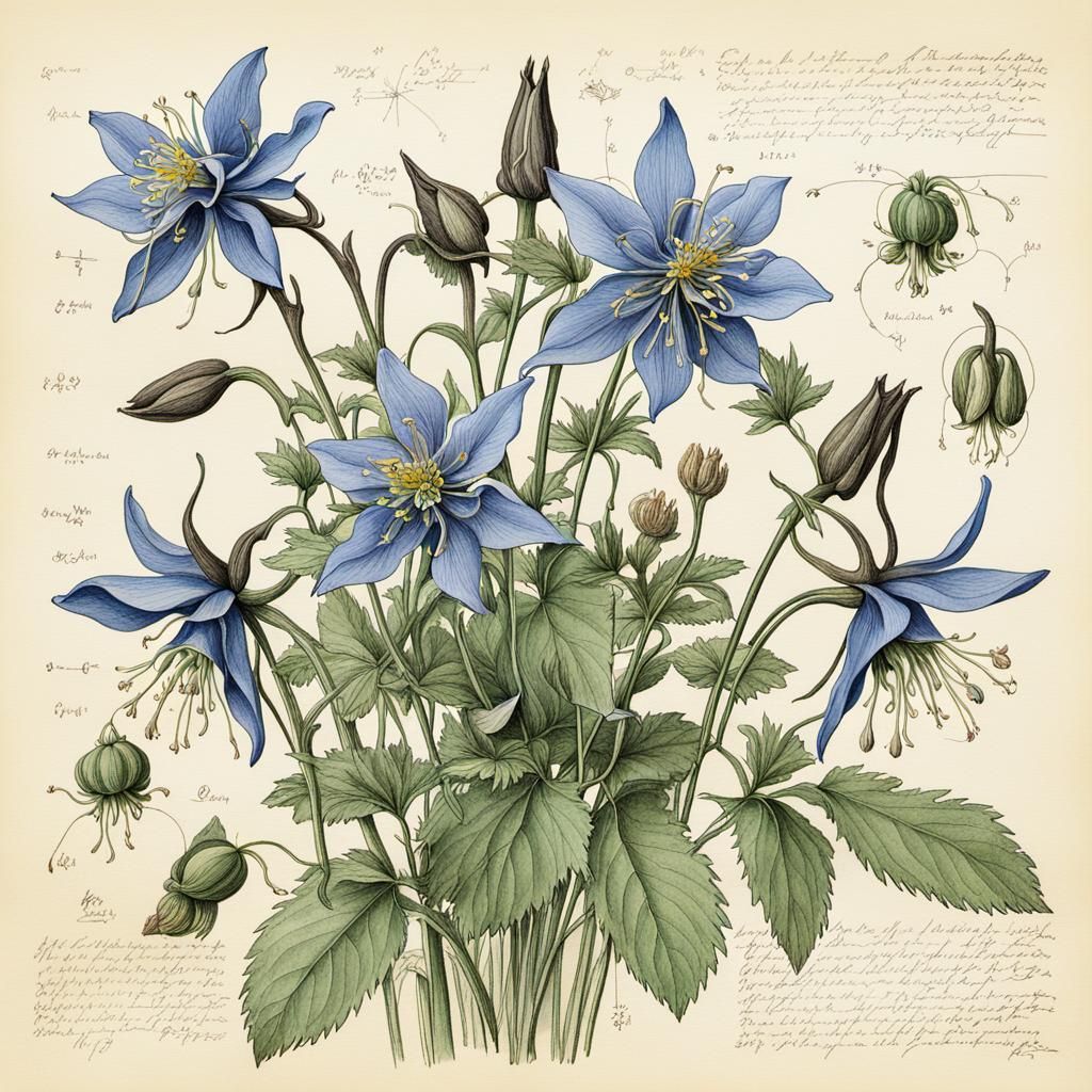 Columbine Flower: Botanical Ink Diagram