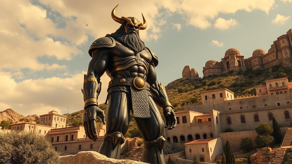 Bronze Talos Statue in Mediterranean Landscape