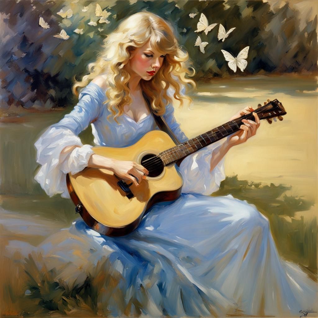 Magical Portrait of Musician with Guitar in Oil Painting Sty...