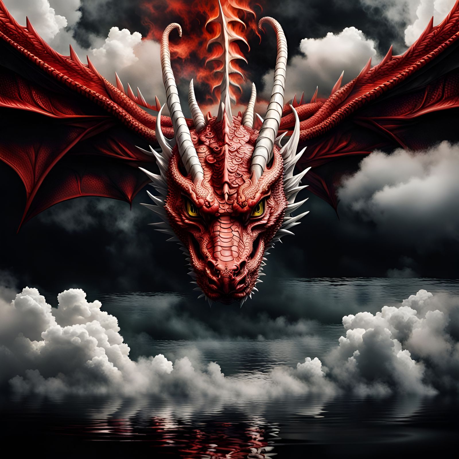 Dystopian Dragon Portrait Emerging from Clouds
