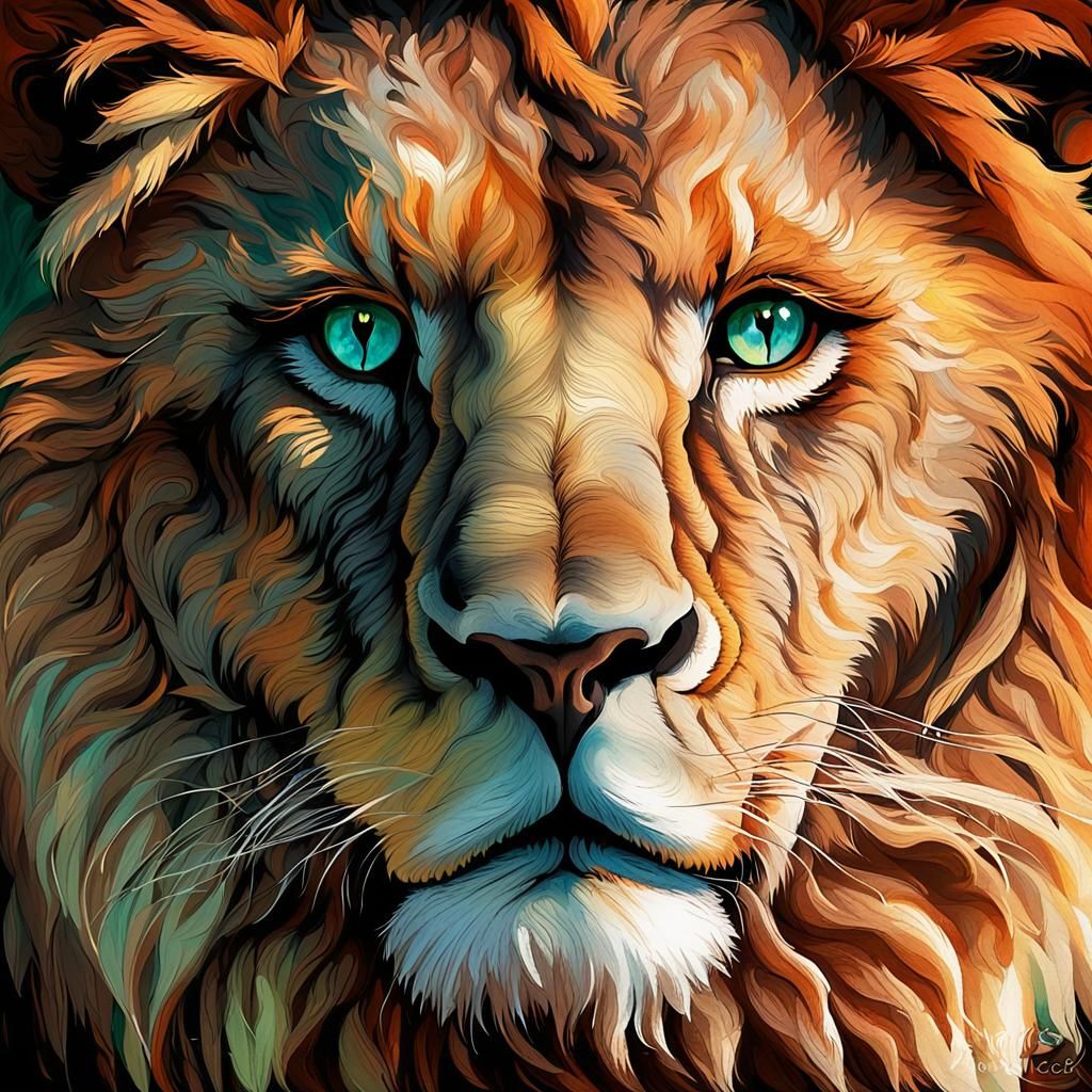 Majestic Lion Portrait with Piercing Emerald Eyes