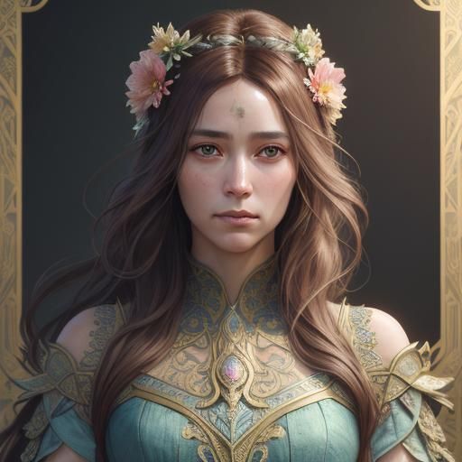 Art Nouveau Portrait with Floral Hair, Digital Painting