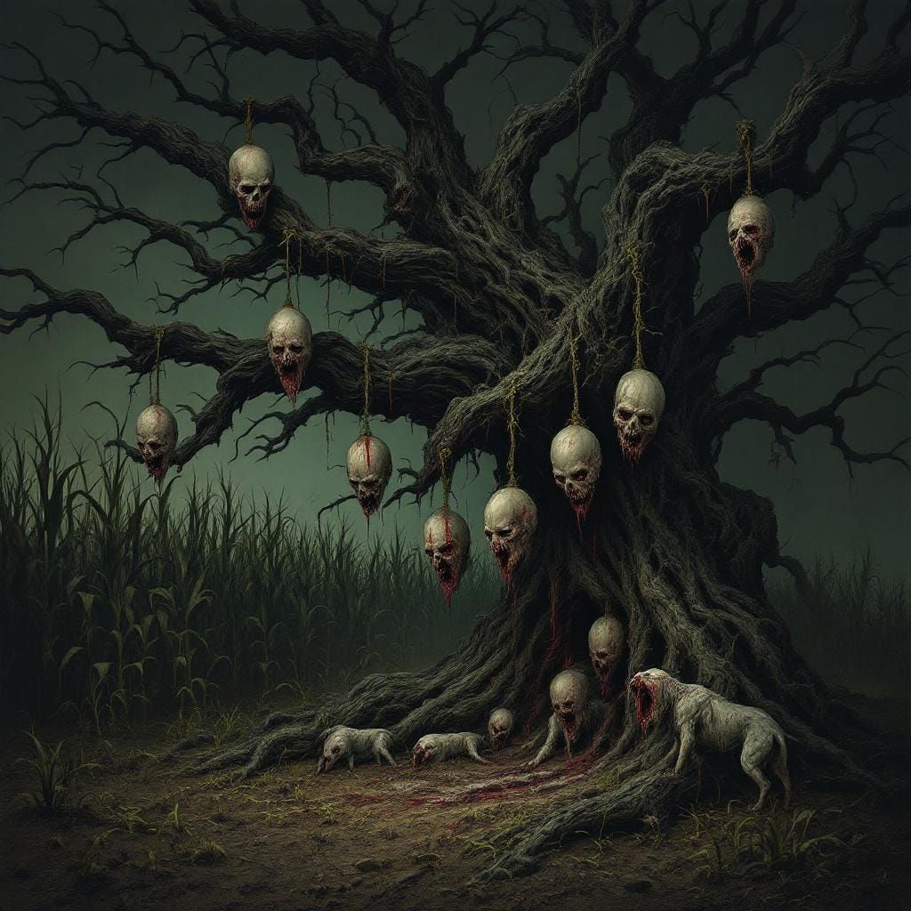 Macabre Tree with Human Heads in Dark Fantasy Style