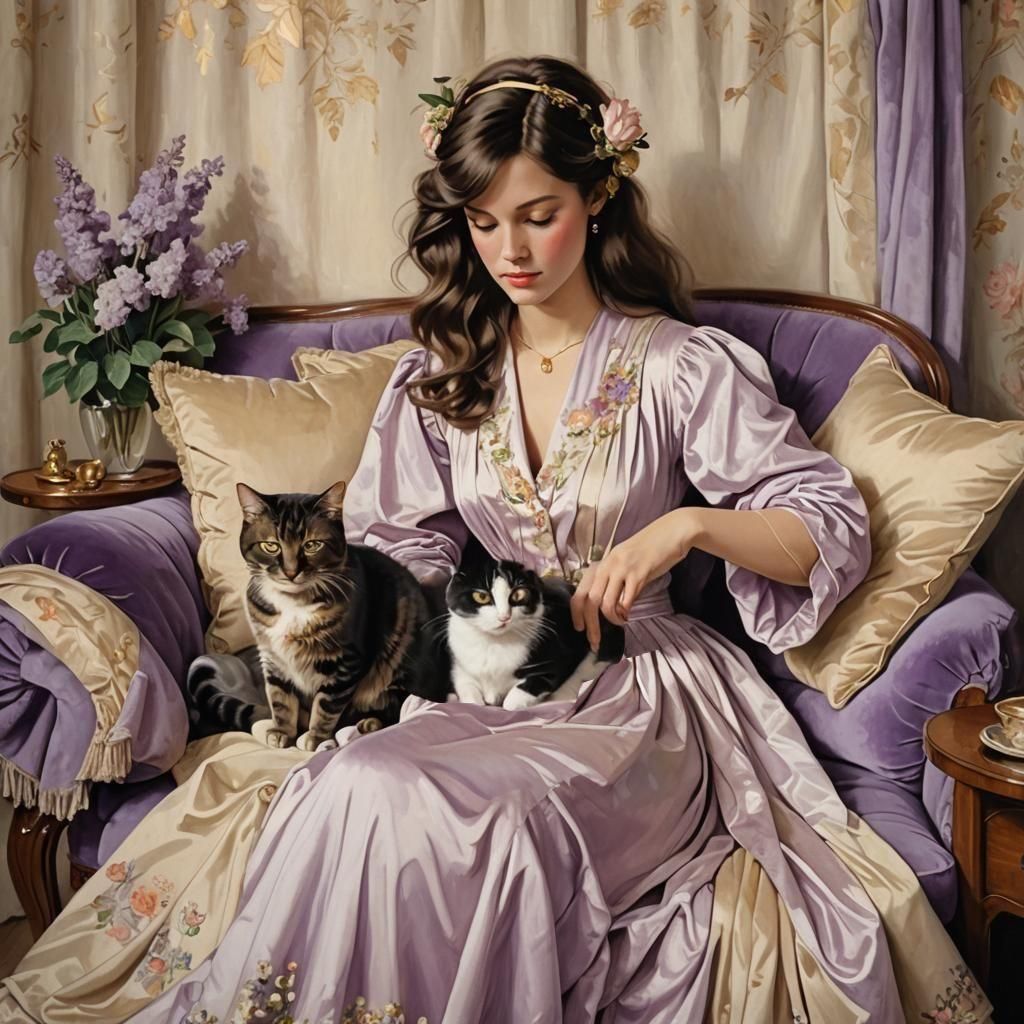 Woman and Cat Listening to Music, Impressionistic Style