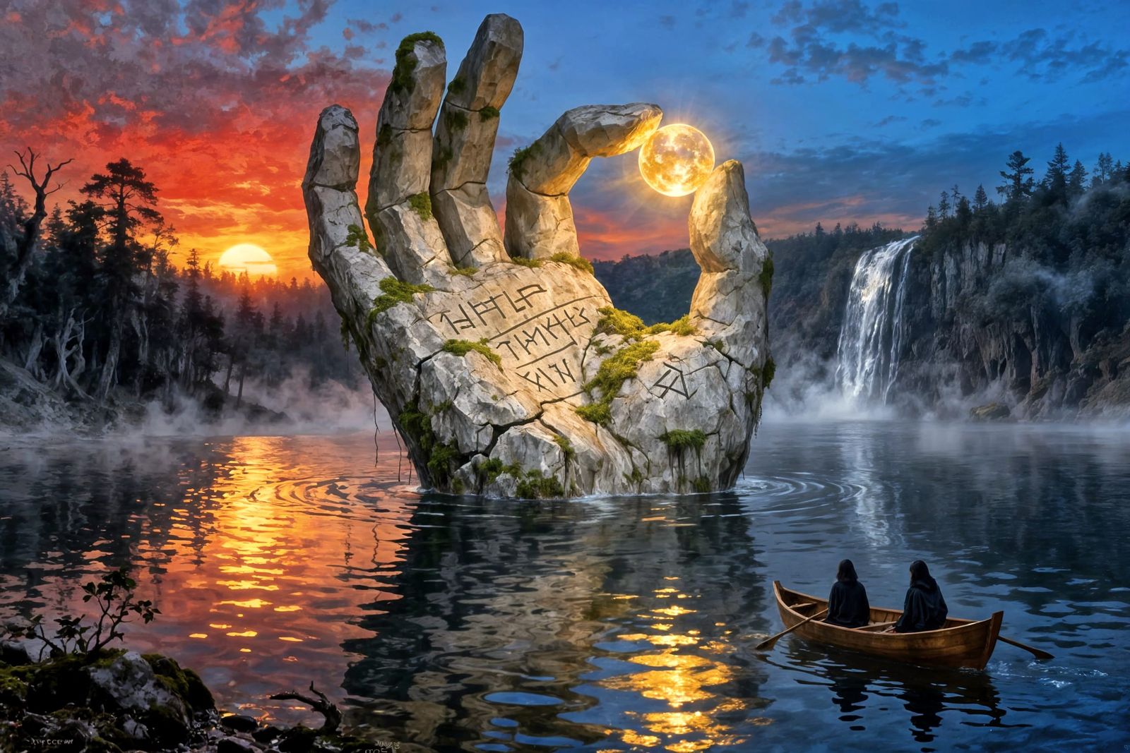 Colossal Goddess Hand Holds Light Orb Over Enchanted Lake