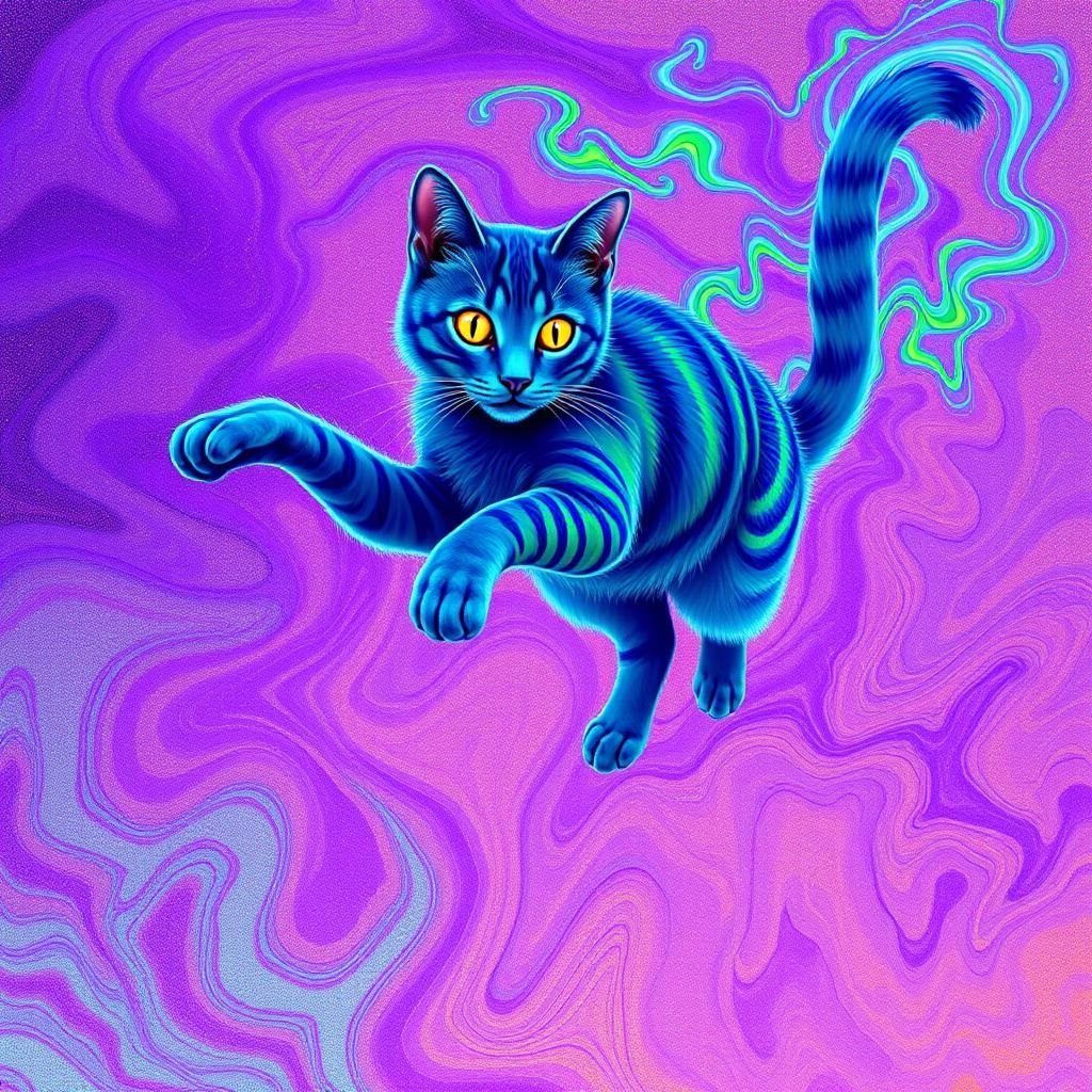 Electric Blue Cat in Psychedelic Dreamscape